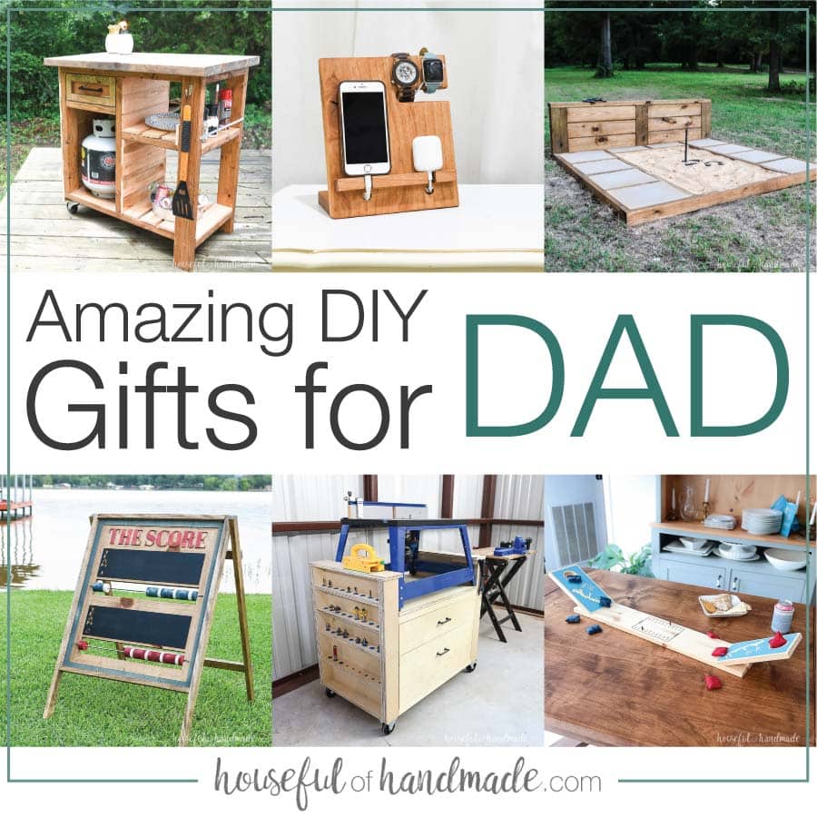 Collage of six pictures of DIY gifts for dad with text Amazing DIY Gifts for Dad in the middle.