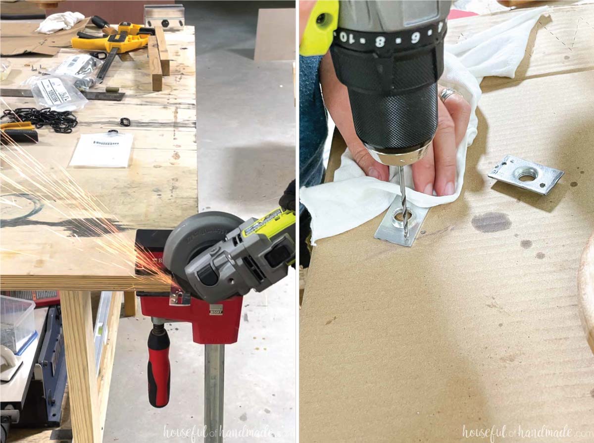Two pictures showing using a grinder to trim the metal pieces of the lighting kit and drilling a hole in the metal once trimmed. 