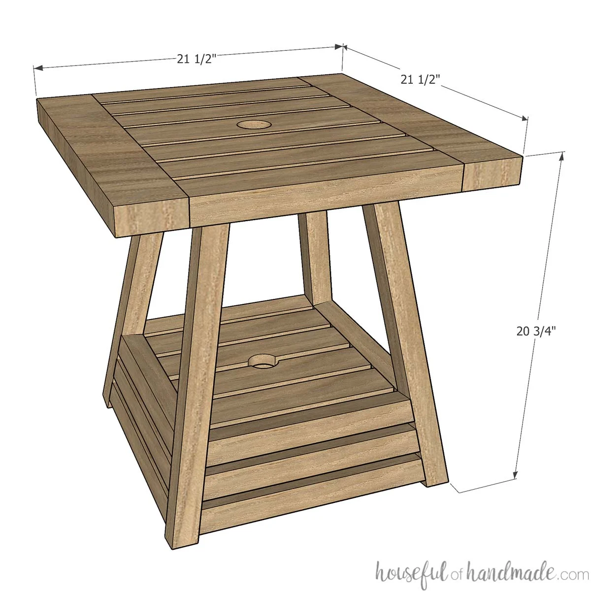 3d sketch of umbrella side table with measurements on it. 