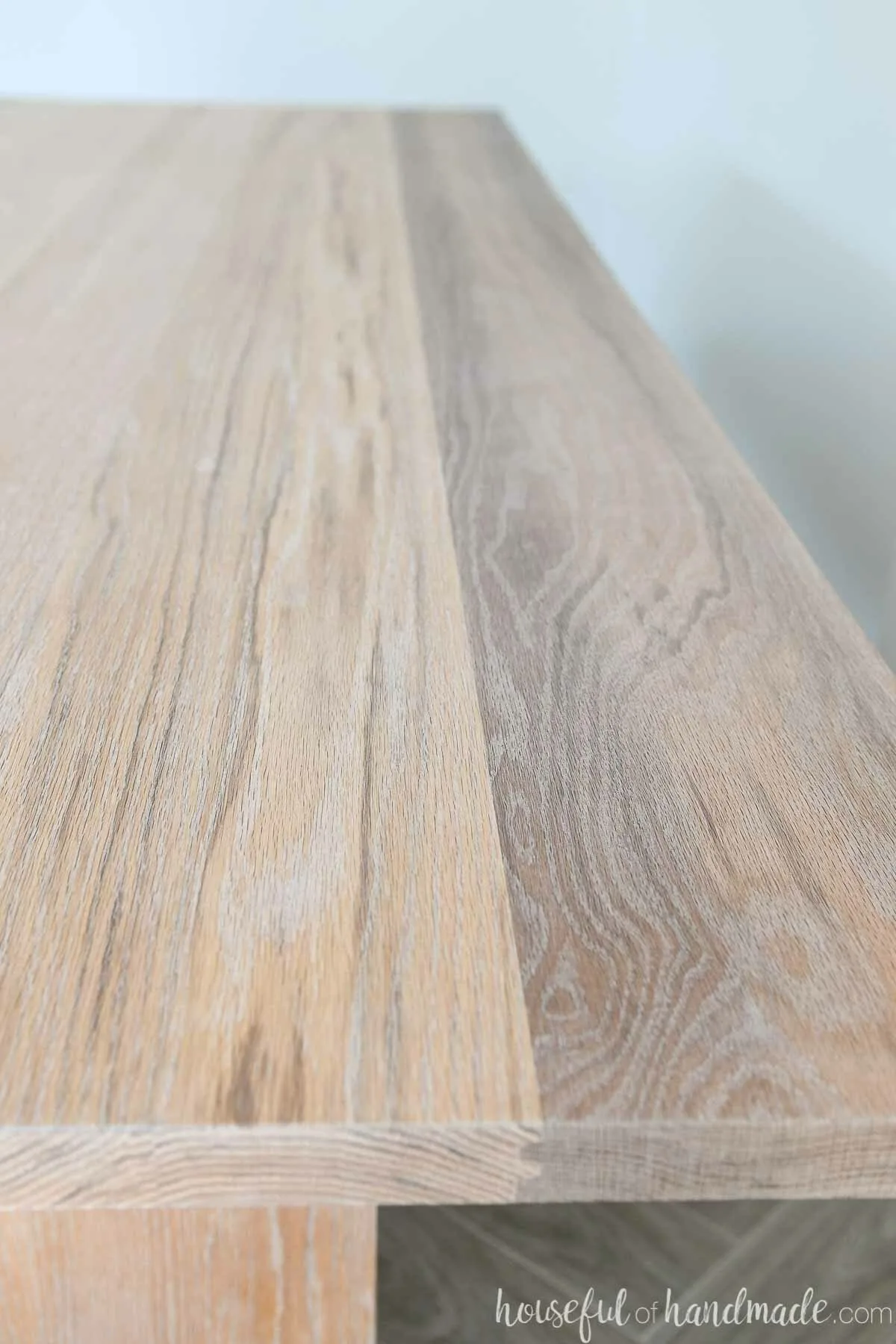 Close up of the oak grain with the Pickled White TrueTone color from Waterlox applied to it. 