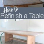 Picture of the before picture and picture of the refinished wood table with text: How to Refinish a Table on a navy color block.
