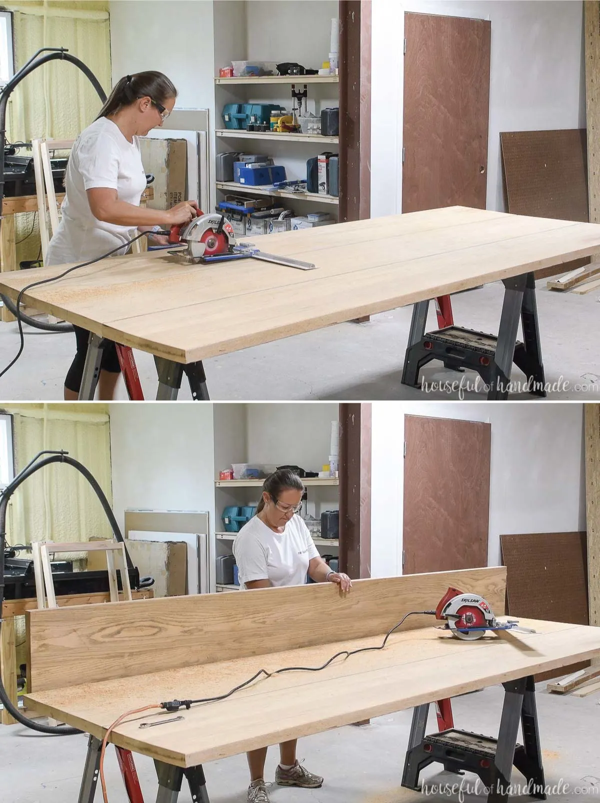 Two pictures showing cutting the table top into 12" sections with a circular saw. 