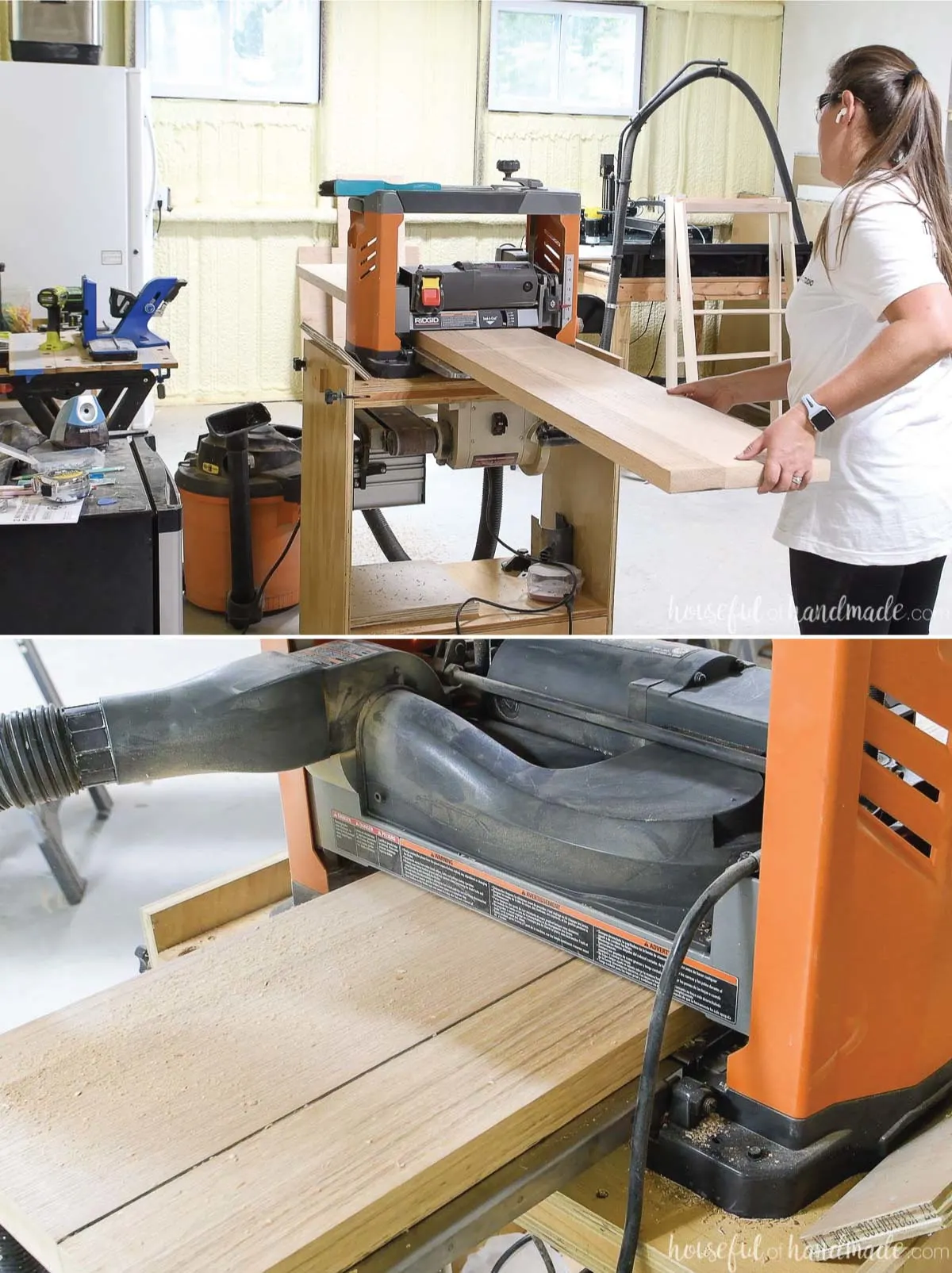 Running 12" wide oak boards through a Ridgid planer to refinish the table top. 