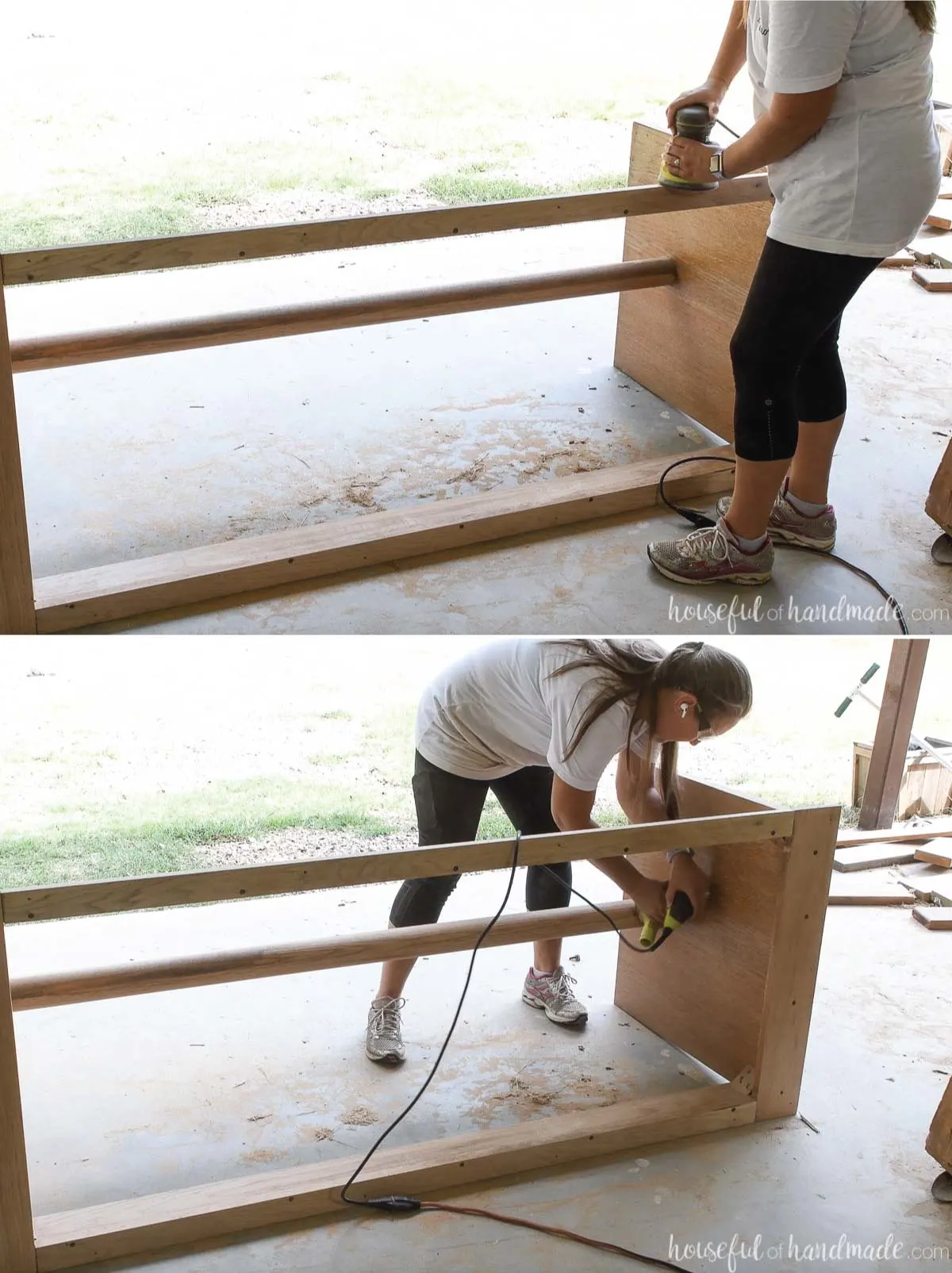 Two pictures showing sanding the base of a table with an orbital sander. 