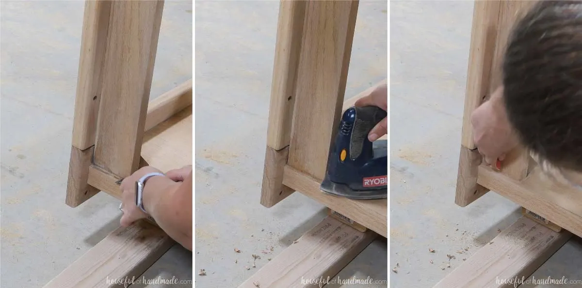 Showing how to get into corners of the table with a chisel, corner sander, and hand sanding. 