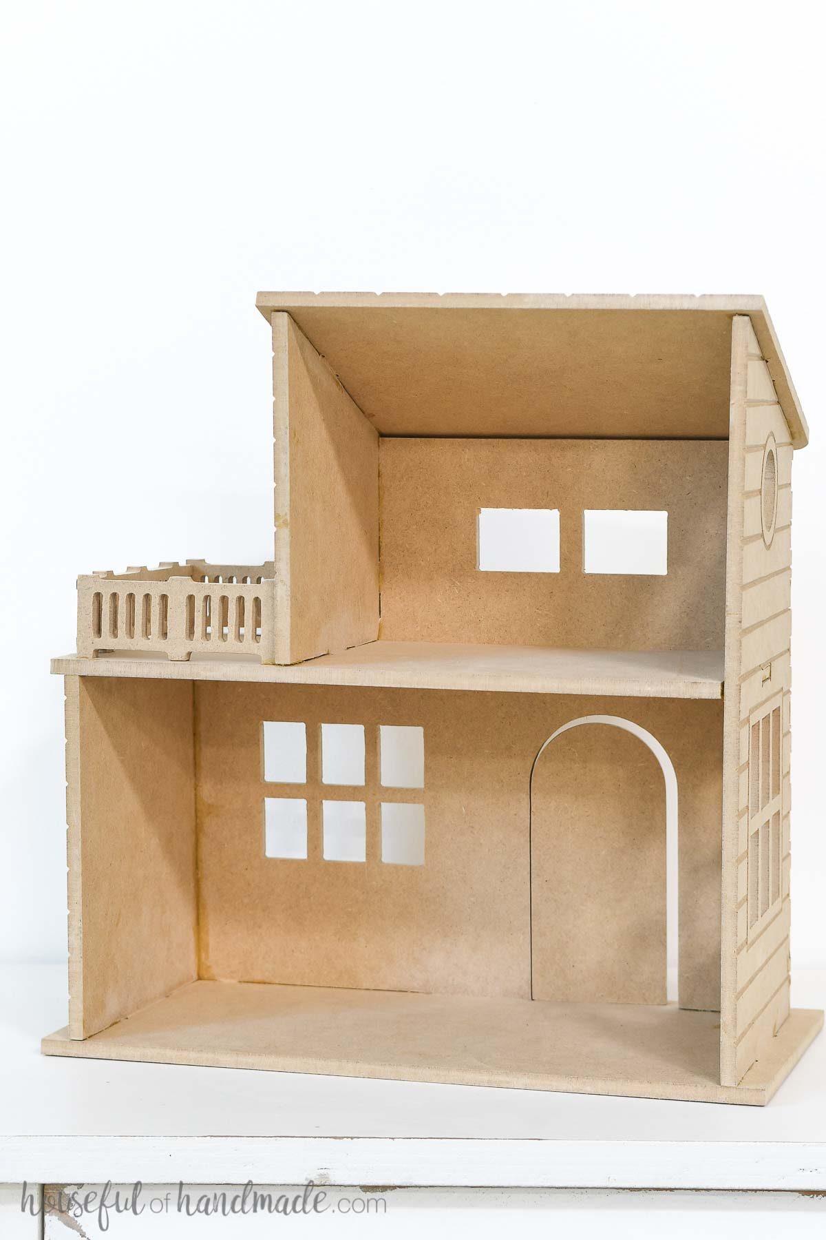 The inside of the two story DIY dollhouse made from MDF. 