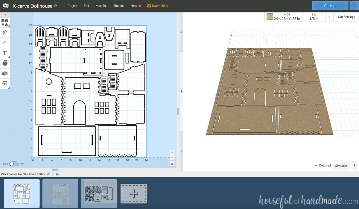 Screenshot of the Easel Software with the CNC dollhouse file open on it. 