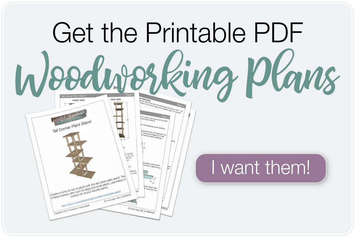 Button to purchase the Printable PDF woodworking plans for the multi-tier corner plant stand. 