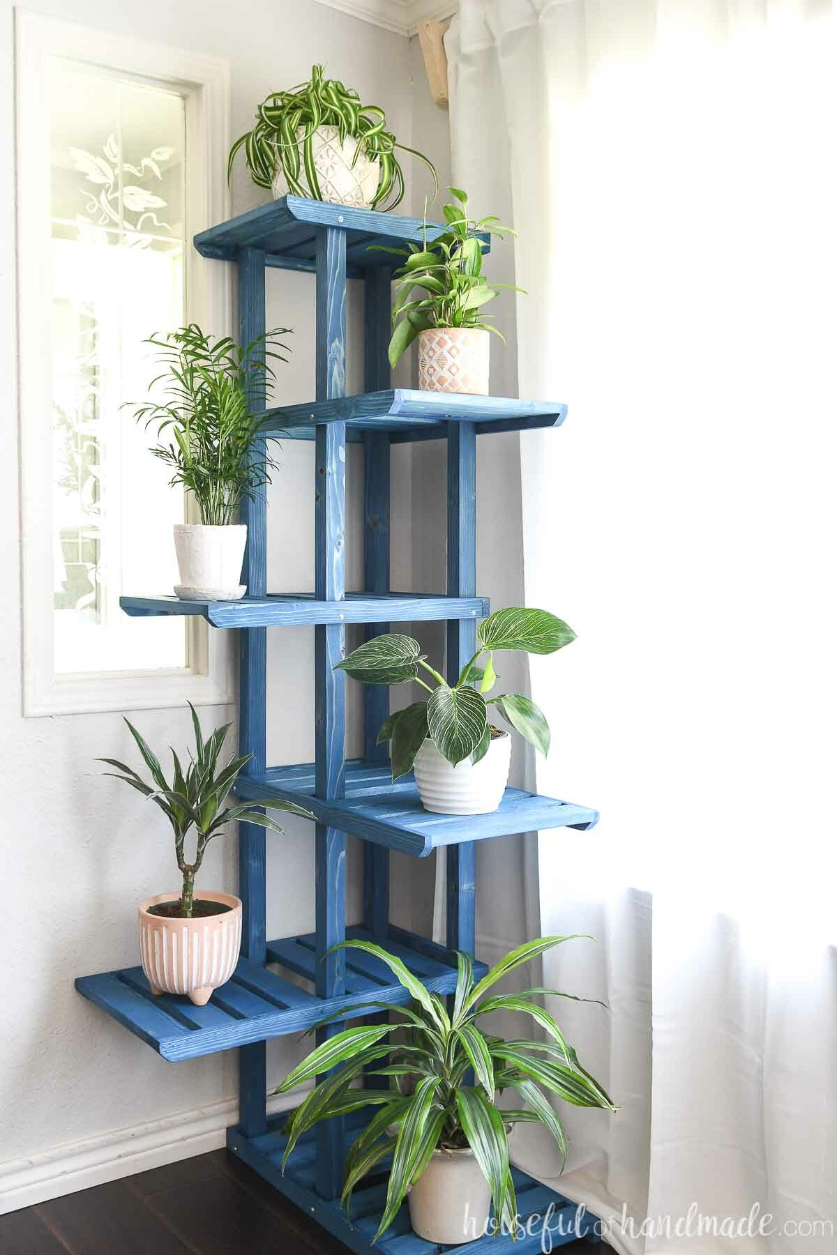 Multi-tiered corner plant stand in the corner next to a window loaded with house plants. 