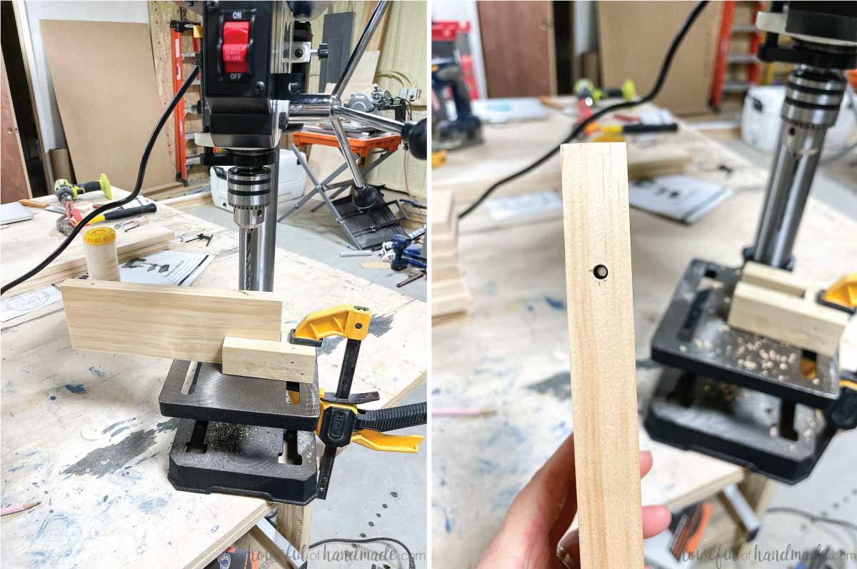 Using the simple jig on the drill press to drill a hole straight through the board. 