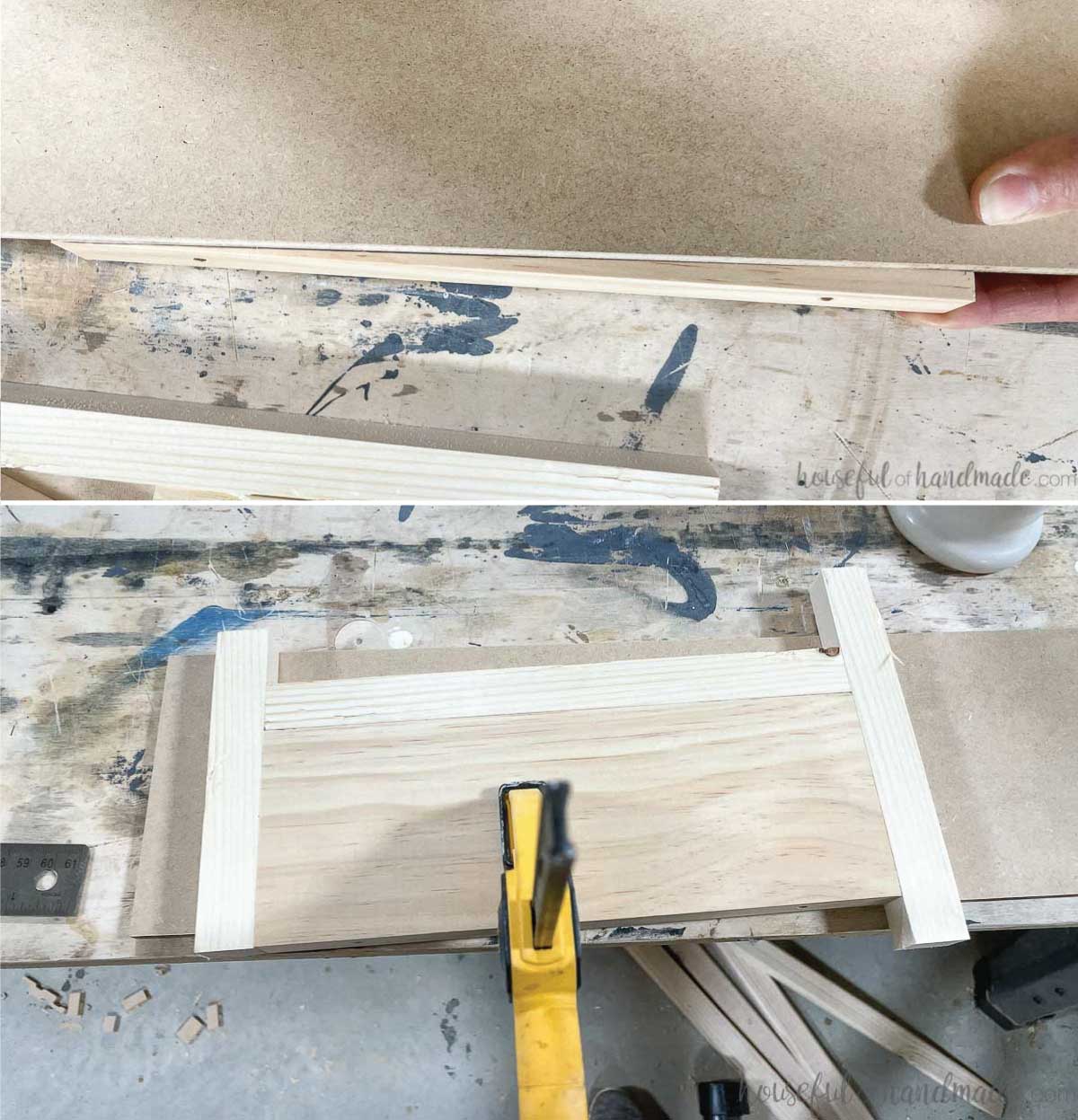 Scraps of wood surrounding the board on a piece of MDF to make a tapered jig for the table saw. 