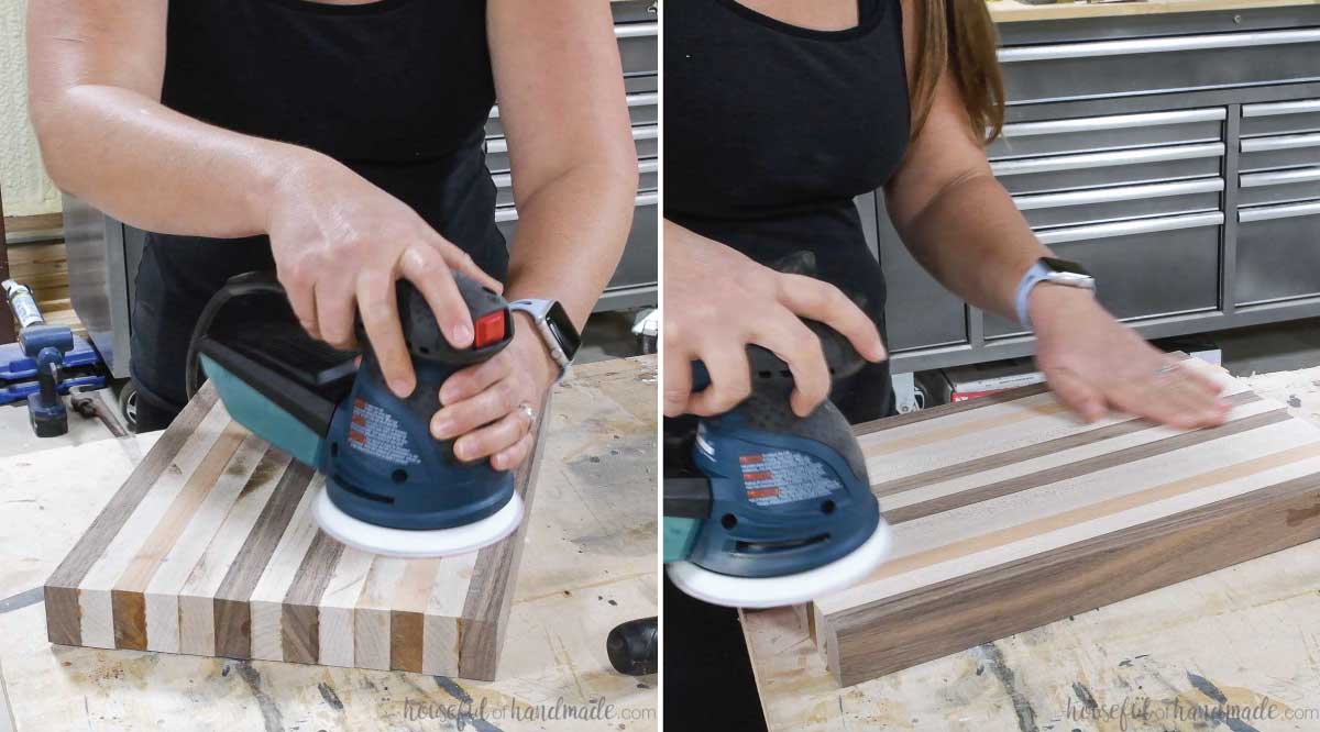 Sanding the edge grain cutting board with an orbital sander using a coarse sandpaper. 