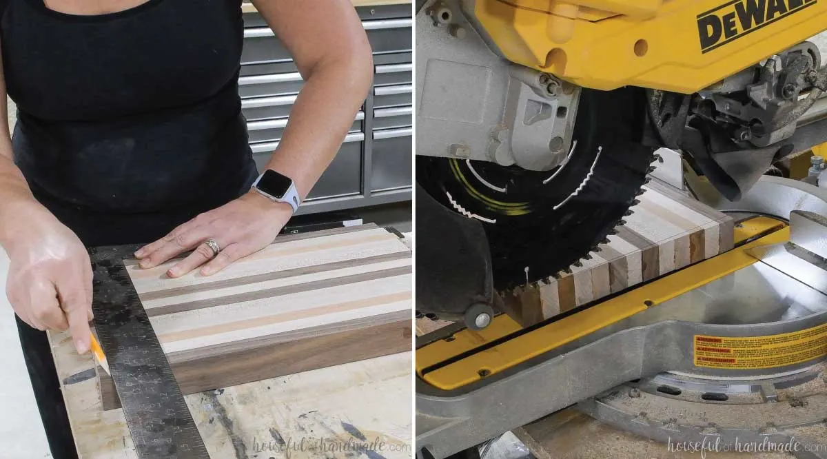 Squaring off the edge of the homemade cutting board with a sliding miter saw. 