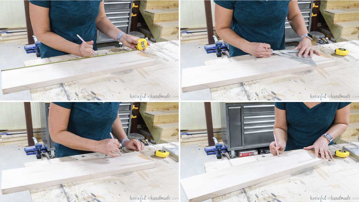 Four photos showing how to sketch out the shape of a DIY breadboard. 