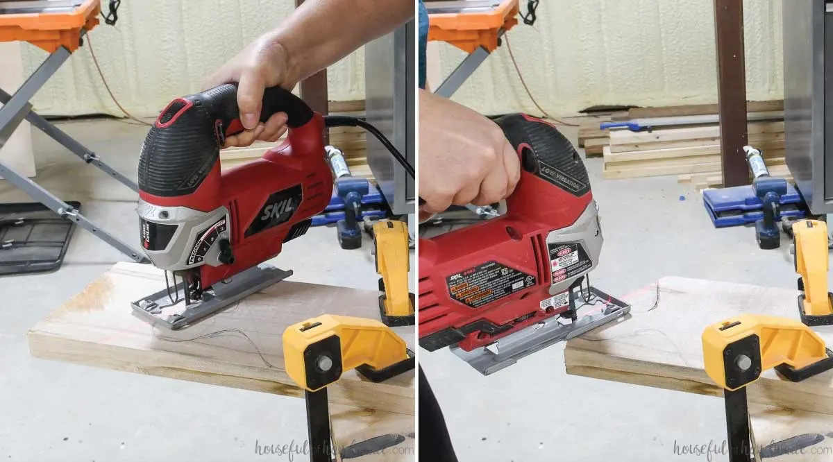 Cutting the handle of the handmade breadboard gift with a jigsaw. 