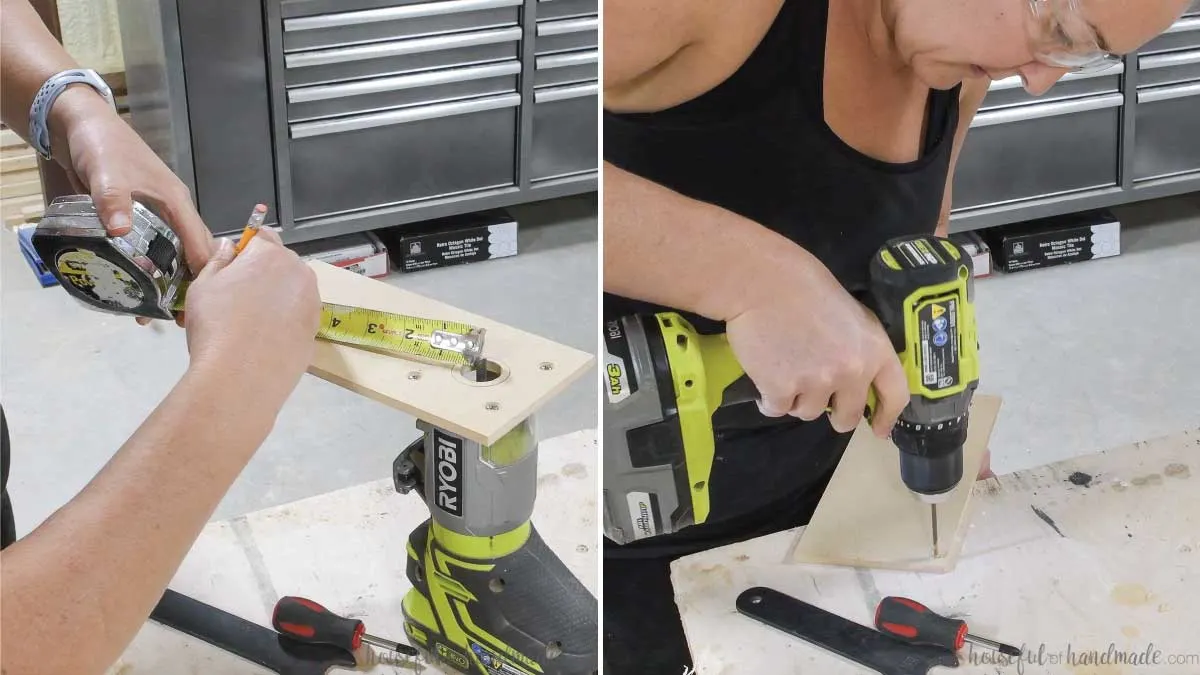 Measuring and drilling a hole for the pivot point on the DIY router circle jig. 