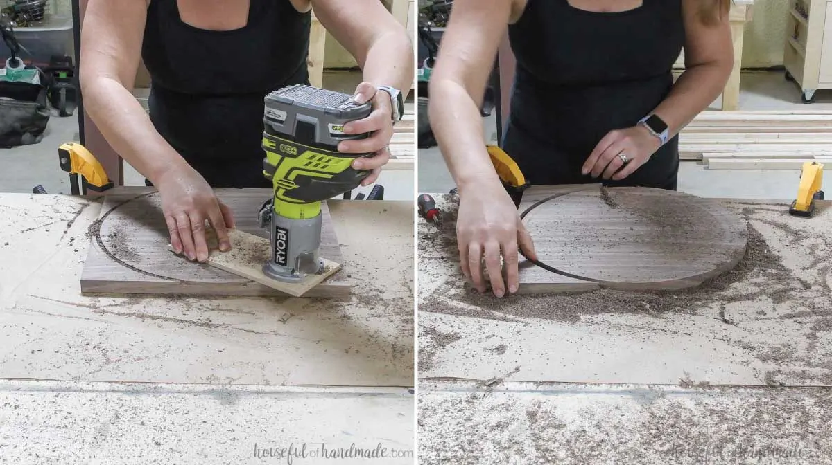 Cutting a circle out of a piece of walnut with a palm router and homemade circle jig. 