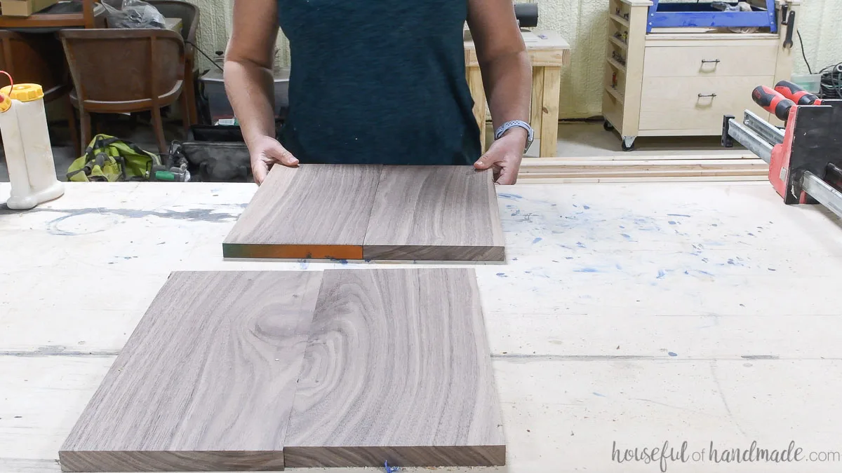 Lining up the pieces of the walnut board to get ready for glue up. 