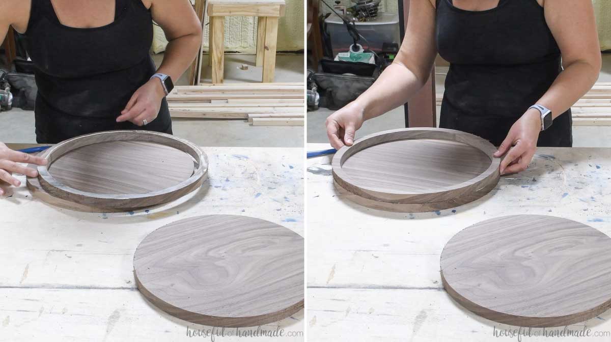 Glueing the thin circle to the top of the round board for the DIY serving tray.