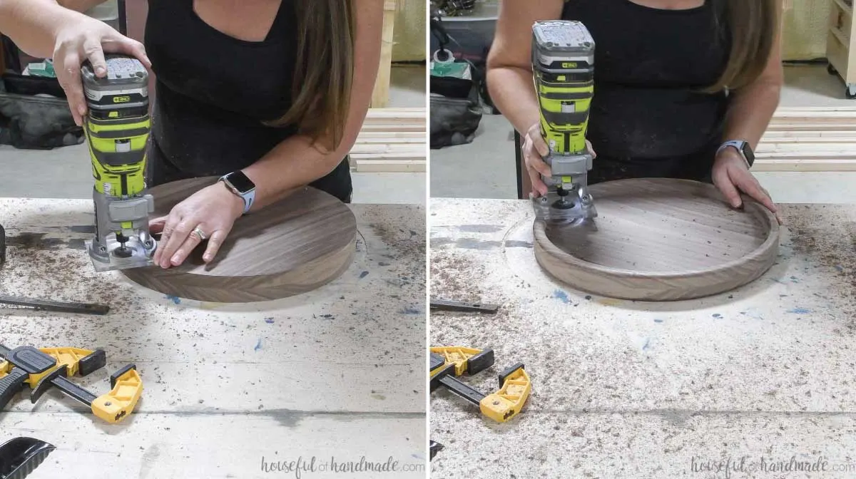 Using a trim router to round over all the edges on the DIY round tray. 