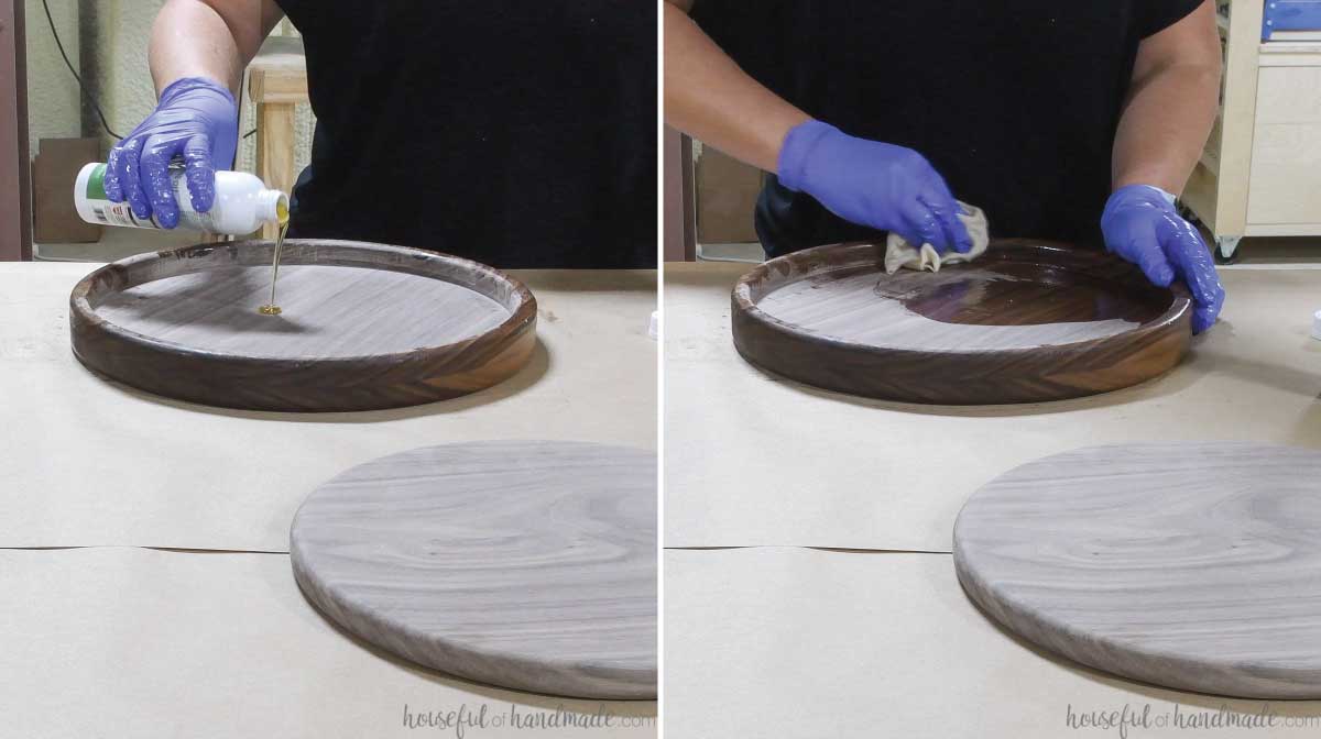 Adding 100% pure tung oil sealer to the DIY walnut round tray. 