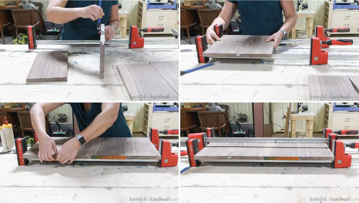 Glueing and clamping together the walnut boards to make a round serving tray. 