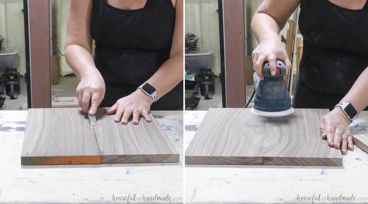 Using a chisel to remove the glue squeeze out and sanding the board smooth with an orbital sander. 