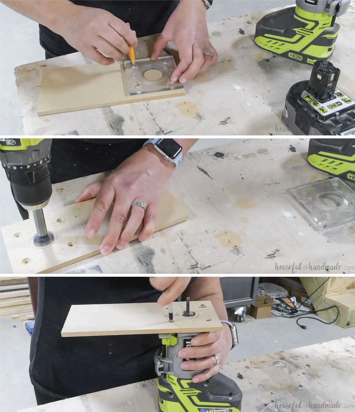 Making a circle jig for the trim router with a scrap of 1/4" MDF. 