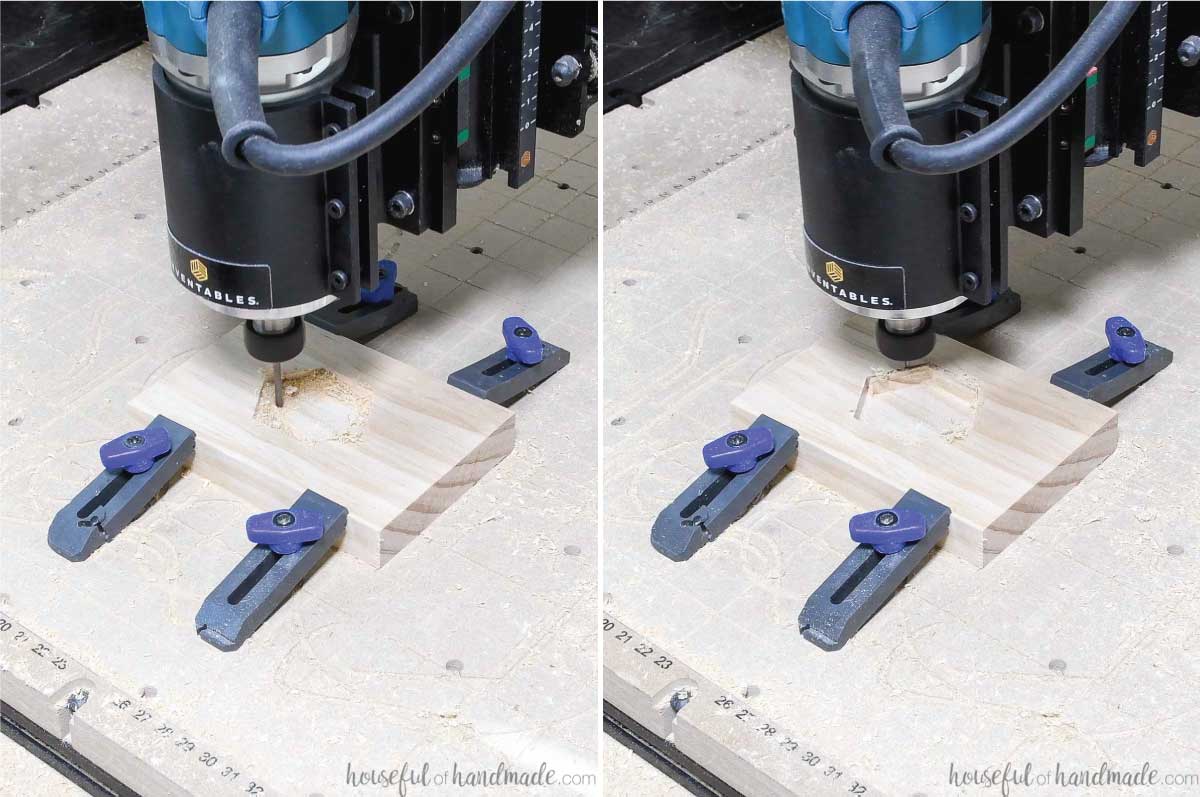 Using the X-carve to cut a test inlay for a marble tile on a piece of scrap wood. 