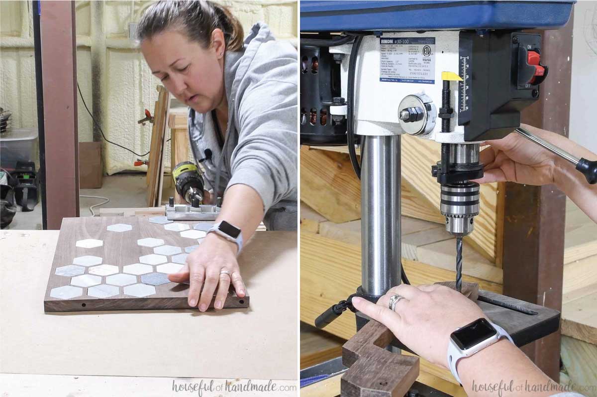 Drilling holes for the dowels with a doweling jig and drill press. 