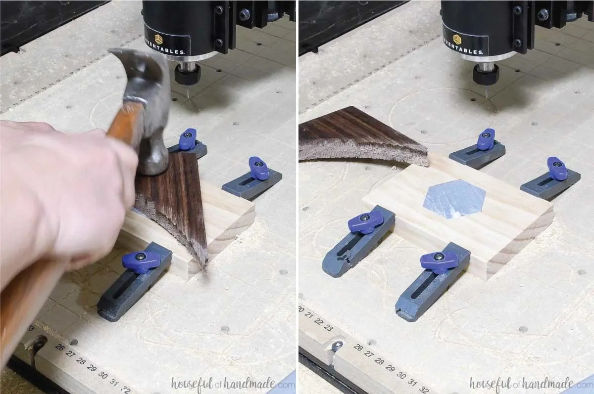 Tapping the tile into the inlay pocket with a scrap piece of wood and a hammer then seeing the complete tile inlaid into the wood. 