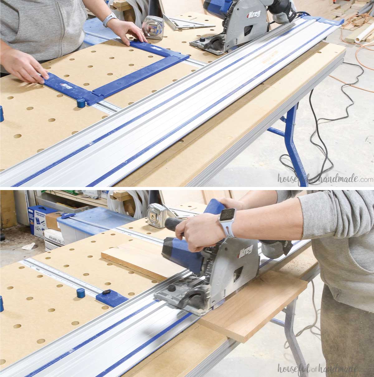 Sliding the measuring gauge and bridge into place to rip 1 1/2" wide boards on the ACS.
