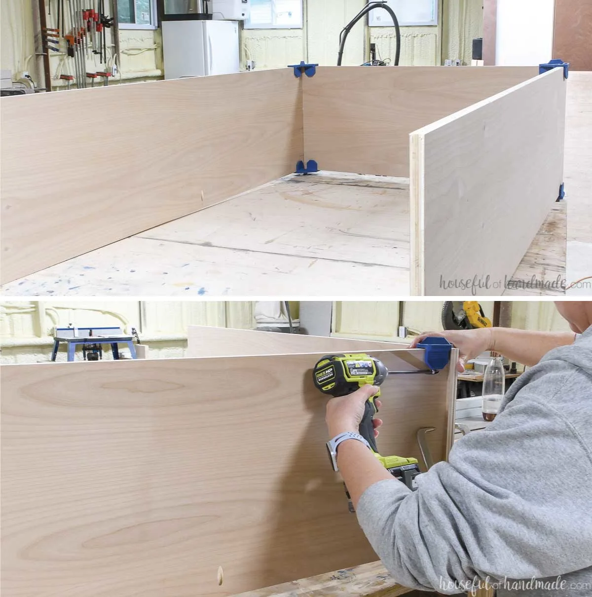 Attaching the second side of the cabinet box to the bottom. 