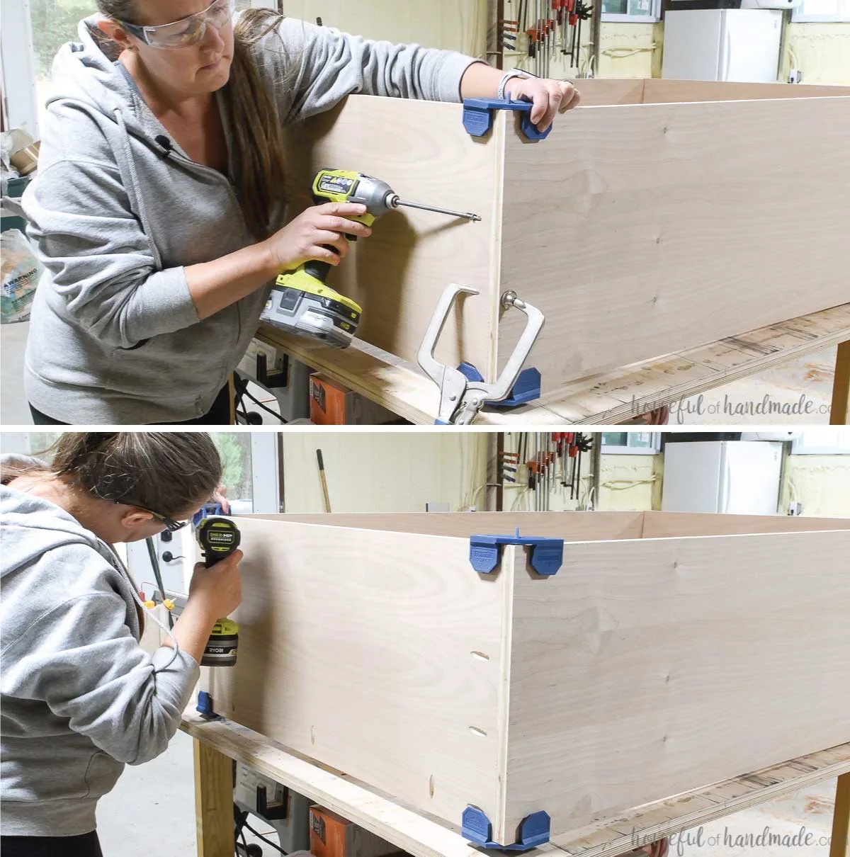 Attaching the top to the curio cabinet. 