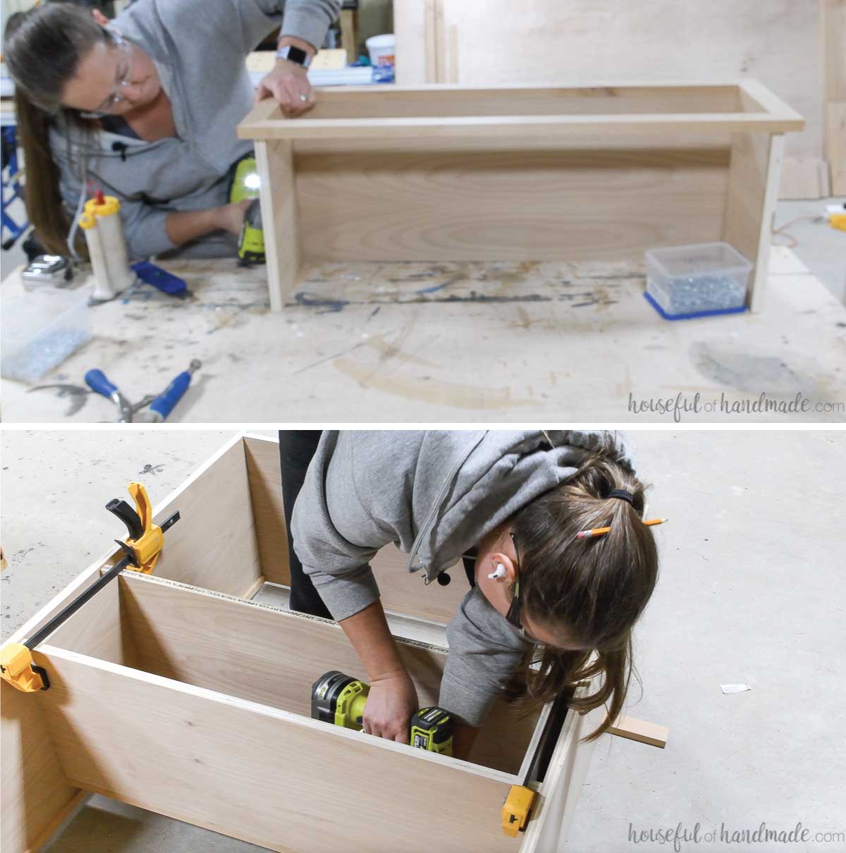 Attaching the face frame to the cubby shelves and then attaching it to the already attached shelf in the cabinet. 