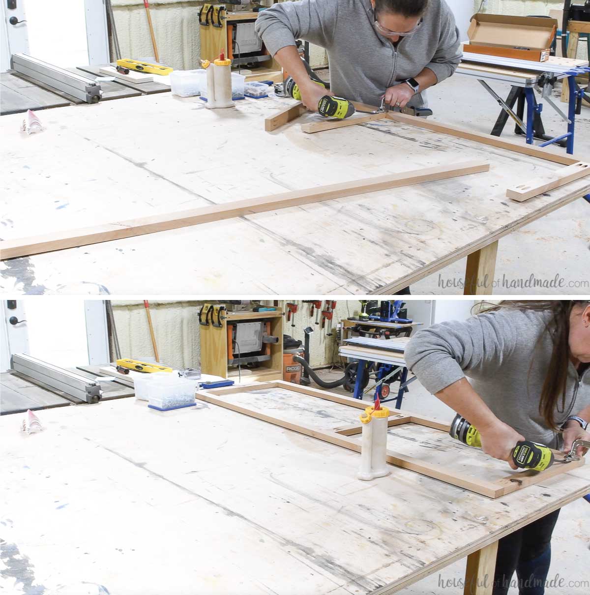 Building the frame for the glass inset cabinet doors. 