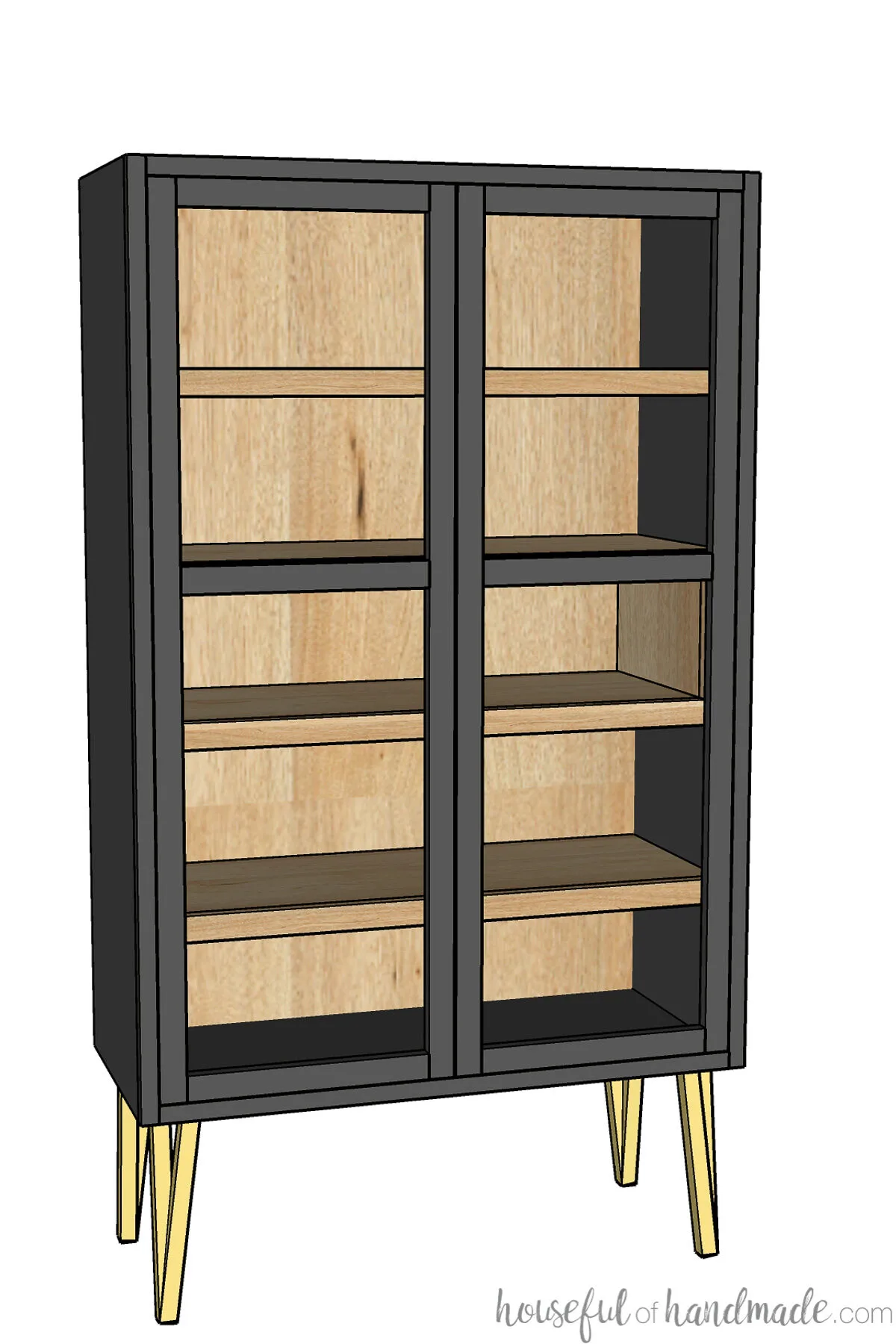 3D sketch of a modern display cabinet with black exterior and alder wood interior with gold legs. 