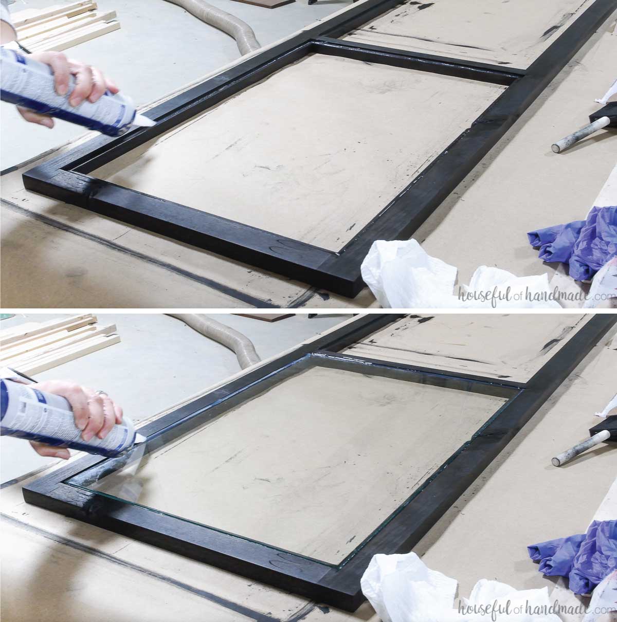 Installing glass into the DIY cabinet doors that were stained black with clear silicone. 