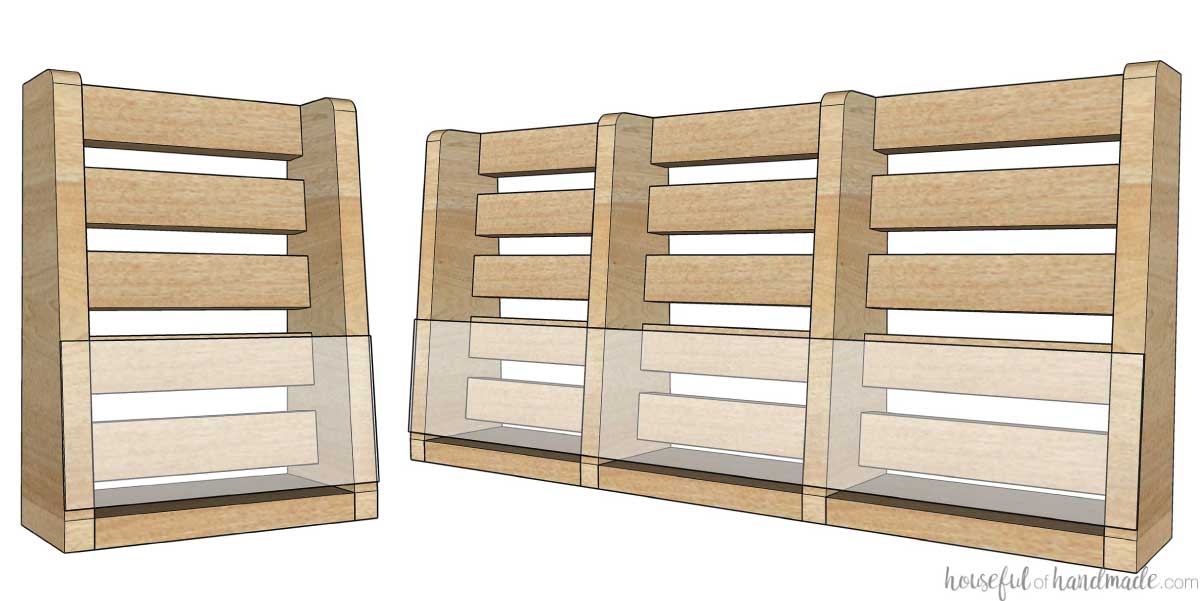 3D sketches of the 2 different sizes of the comic book display shelf.
