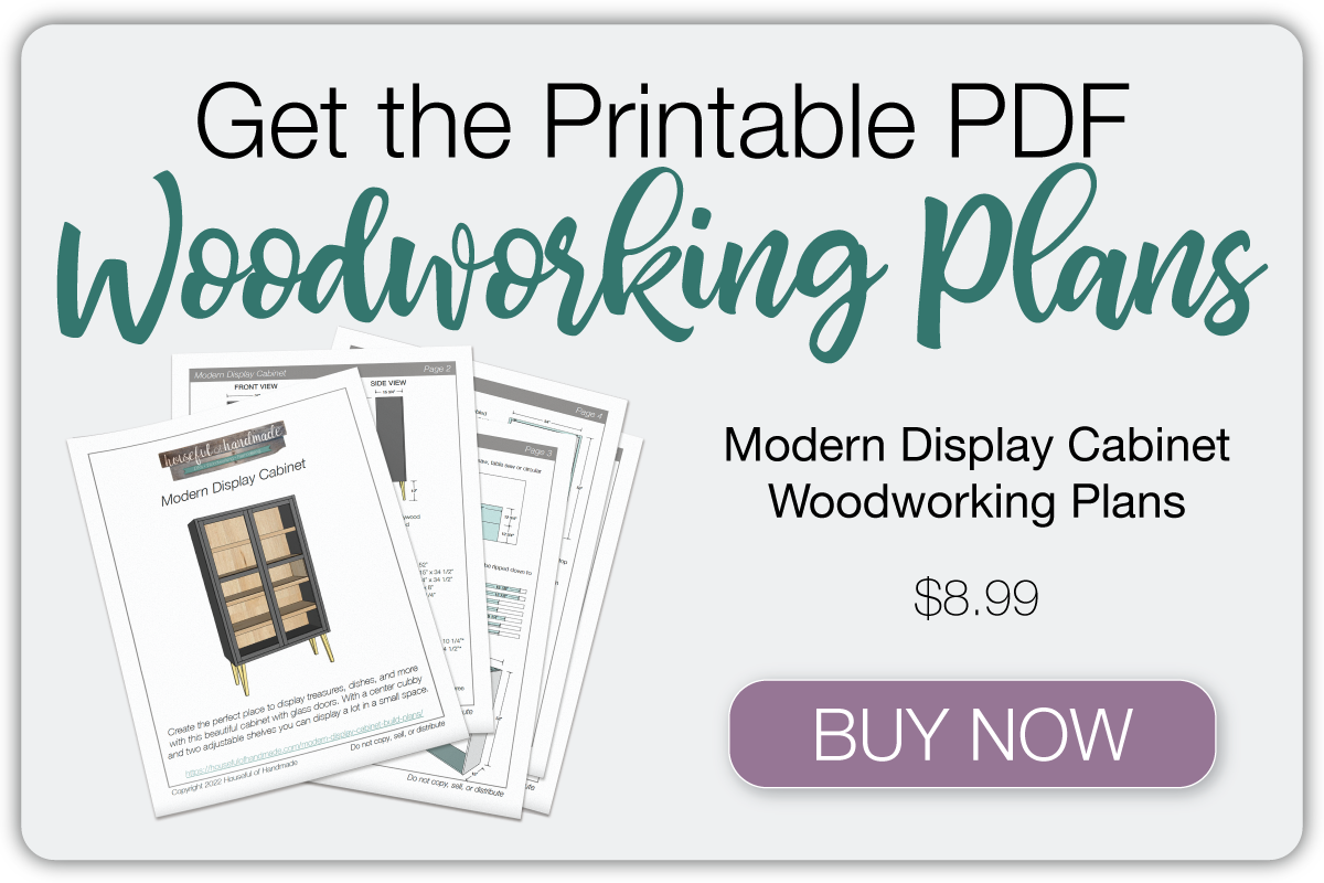 Button to buy the printable PDF plans for the modern display cabinet. 
