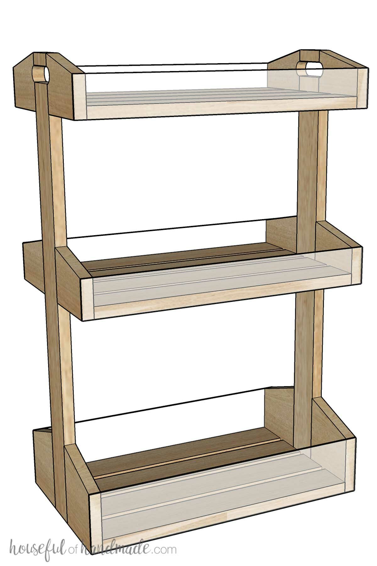 3D sketch of the wood rolling cart with 3 tiers with see through fronts. 