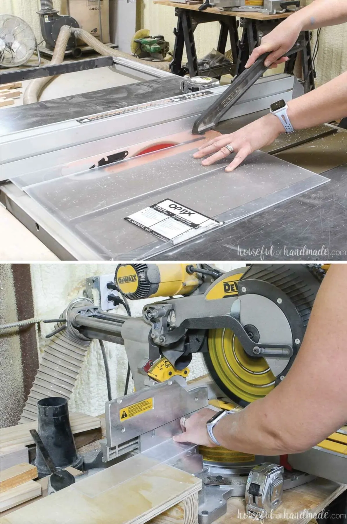 Cutting plexigass with a table saw and miter saw. 