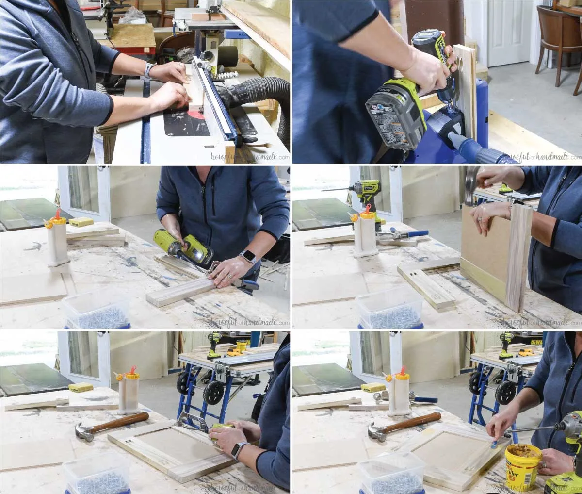 Six pictures showing how to build simple shaker cabinet doors with pocket holes. 