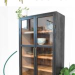 3D sketchup of the DIY display cabinet next to picture of the completed cabinet stained black with wood interior and text overlay: Gorgeous DIY Display cabinet.