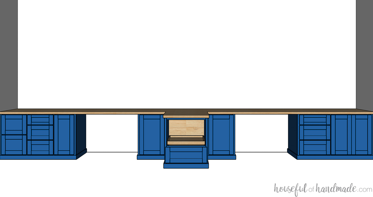 3D drawing of the full wall built in desk with space for 2 computer and a T shaped center island with a printer cabinet.
