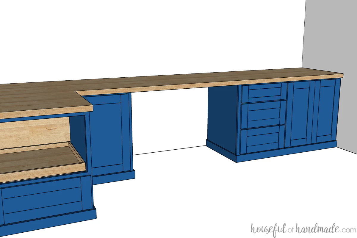 3D drawing of half the built in desk with blue cabinets and a wood top. 