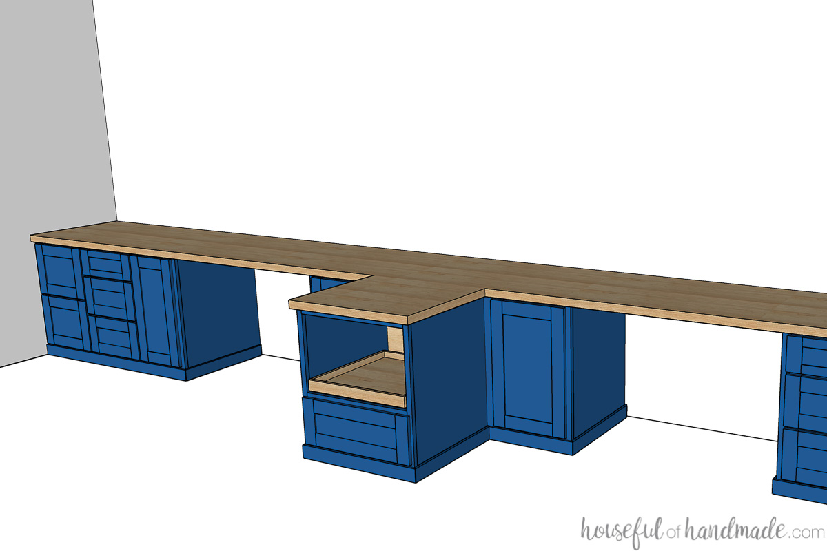 Drawing of the two computer station built in desk with a center peninsula for a computer cabinet. 