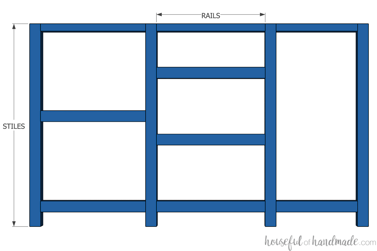Drawing of a face frame for one of the desk cabinet sections with the rails and stiles labeled. 