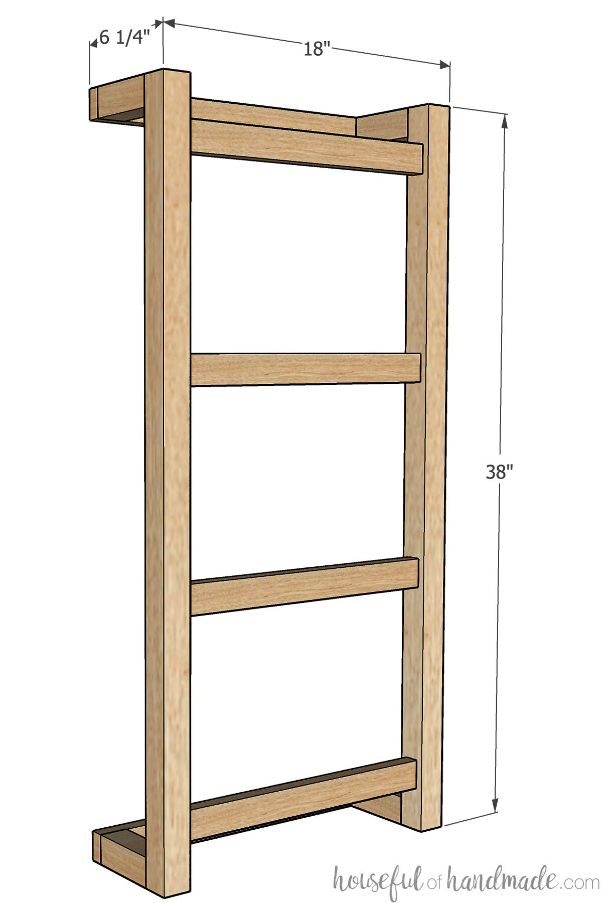 3D SketchUp drawing of the wall mounted blanket ladder with dimensions listed on it. 