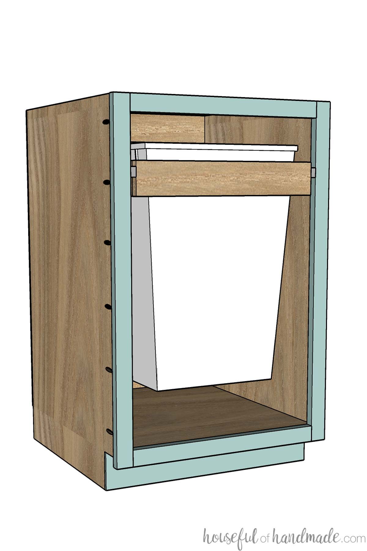 Garbage can cabinet with a custom can holder in a face frame cabinet. 